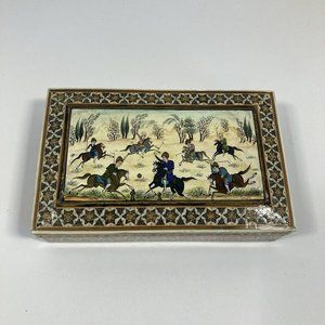 Vintage 6 Inch Lacquered Wood Box Shell Mosaic Ottoman Game Scene